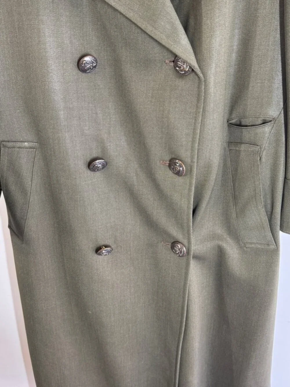 Vintage Mens 60s 70s Military Trench Olive Green Long Coat Double Breasted Wool